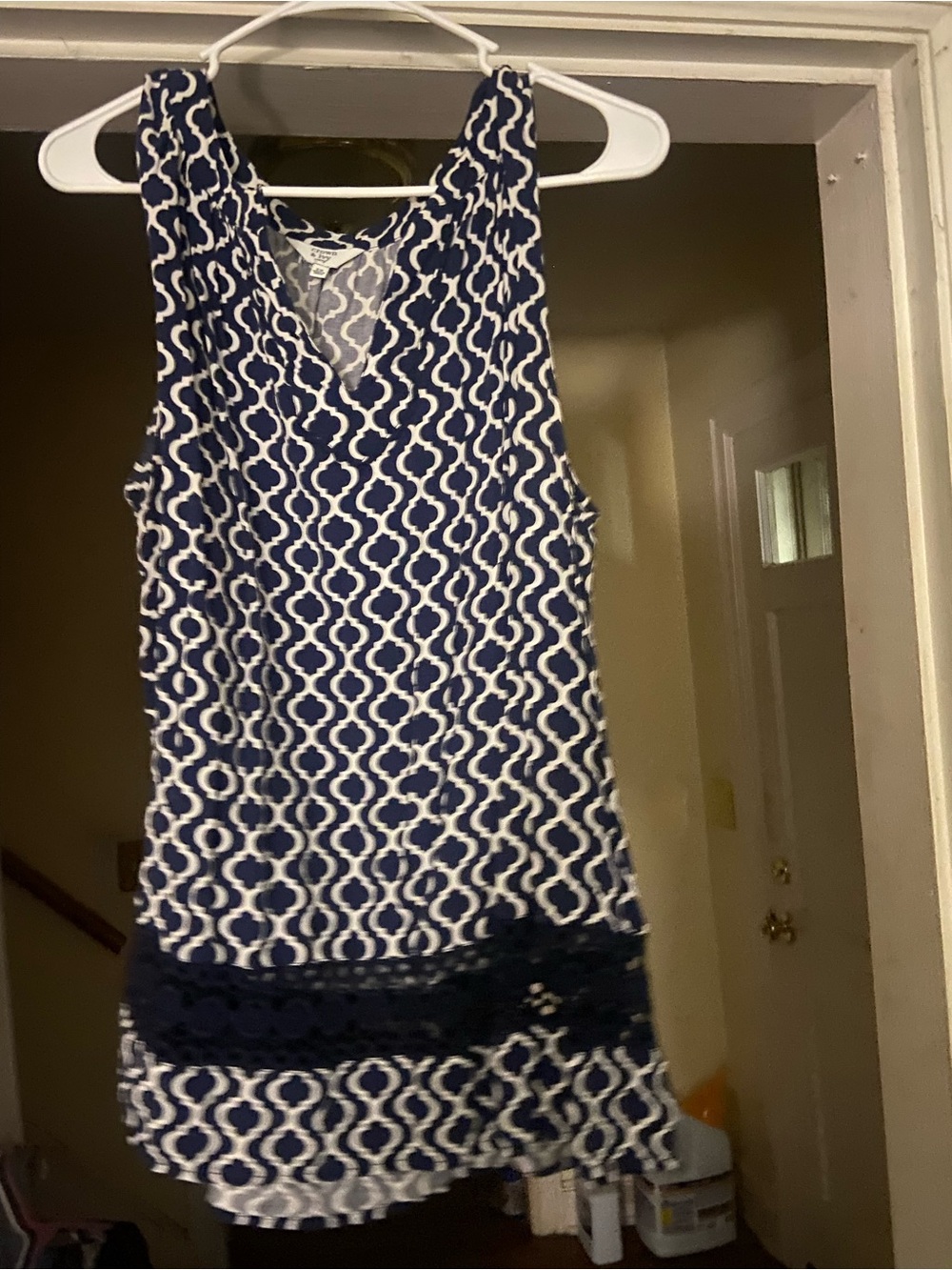 crown & ivy Navy and White Geometric Lace-Hem Tunic